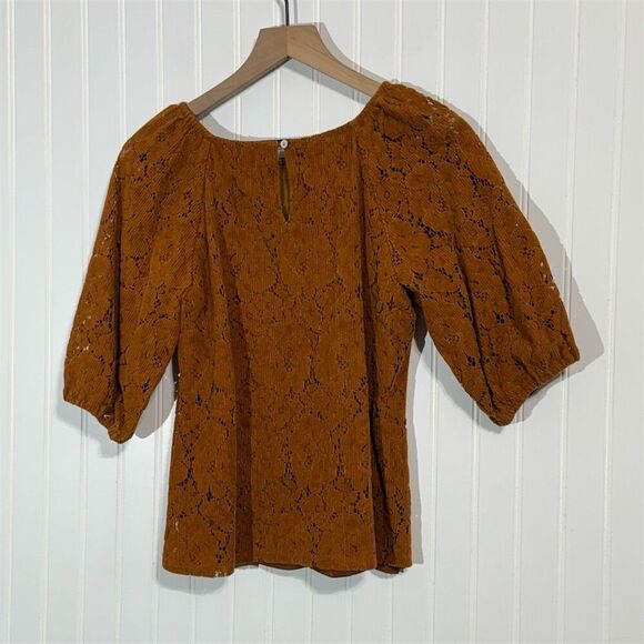 Dolan Burnt Orange Puff Sleeve Lace Top Small Corded Floral Boho Romantic Fall - Picture 3 of 8